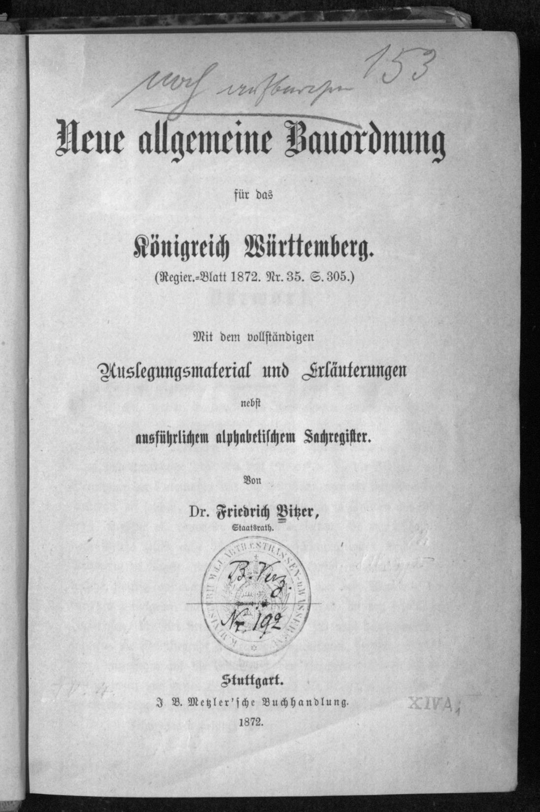Bauordnung Württemberg 1872 Cover